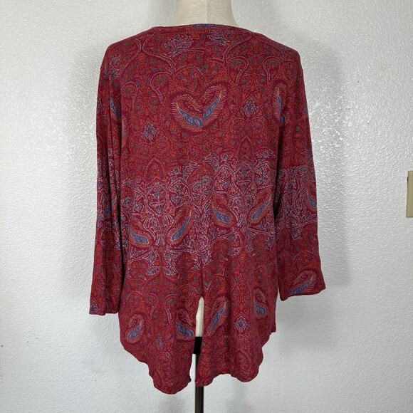 Lucky Brand Boho Top Women Large Red Paisley Slub Knit Split Back Tunic - Picture 7 of 11